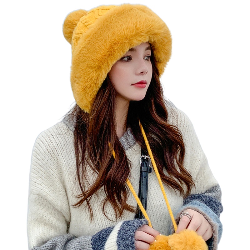 Mũ Len Dày Dặn Giữ Ấm Mùa Đông Chống Gió Màu Trơn Gắn Quả Bông Dễ Thương Cho Nữ