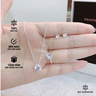 Set combo dây chuyền-nhẫn-bông tai đá trắng bạc nguyên chất-Bạc Handmade