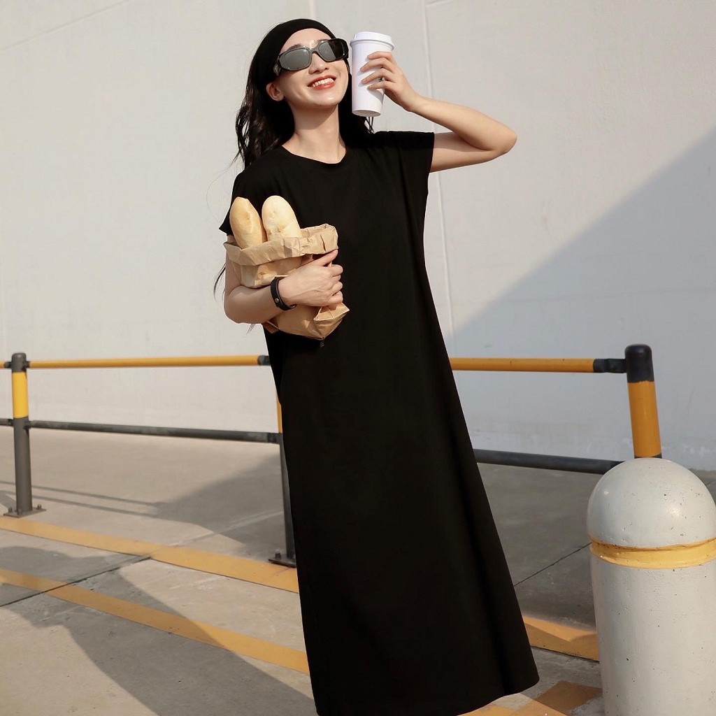 Váy thun dáng suông , đầm thun cotton dáng suông, đầm suông rộng dáng dài 2 màu Đen , Trắng - CHOOSE ME KLP | BigBuy360 - bigbuy360.vn