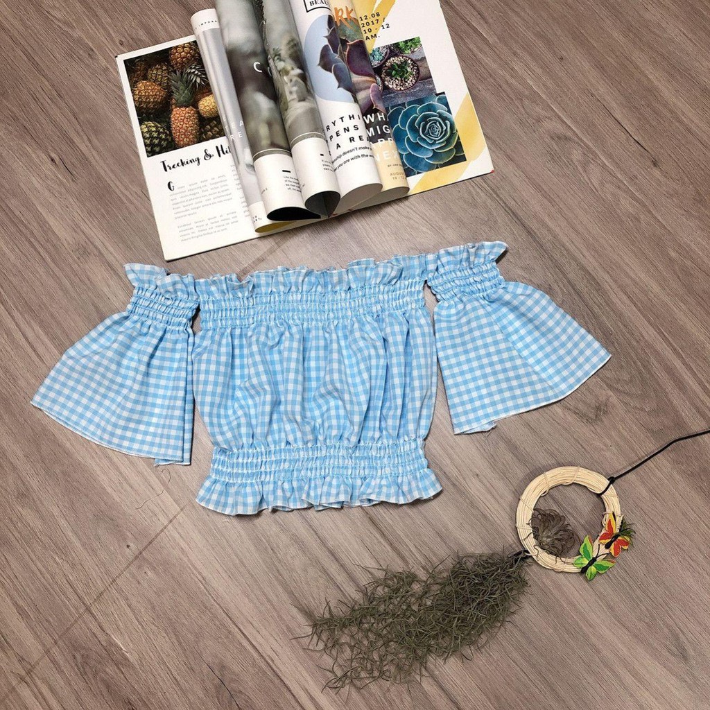 🌸 1125A34B1 Áo trễ vai croptop caro nhí tay loe dễ thương  🌸