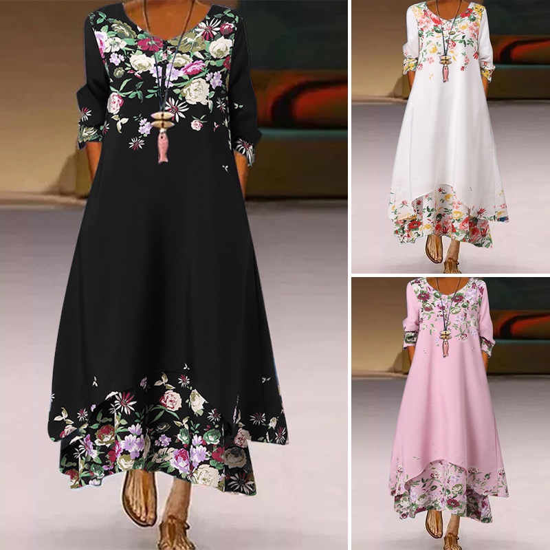 Đầm ZANZEA dáng dài cổ tròn in họa tiết phong cách vintage Châu Âu cho nữ