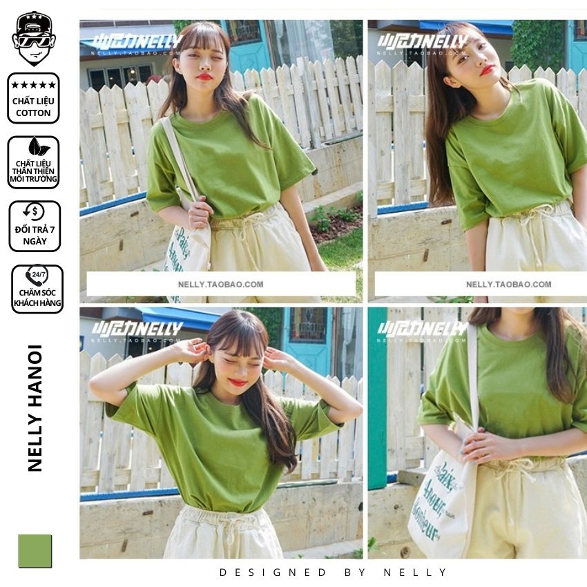 Áo thun tay lỡ NELLY phông Unisex nam nữ oversize form rộng xanh lá cây trơn