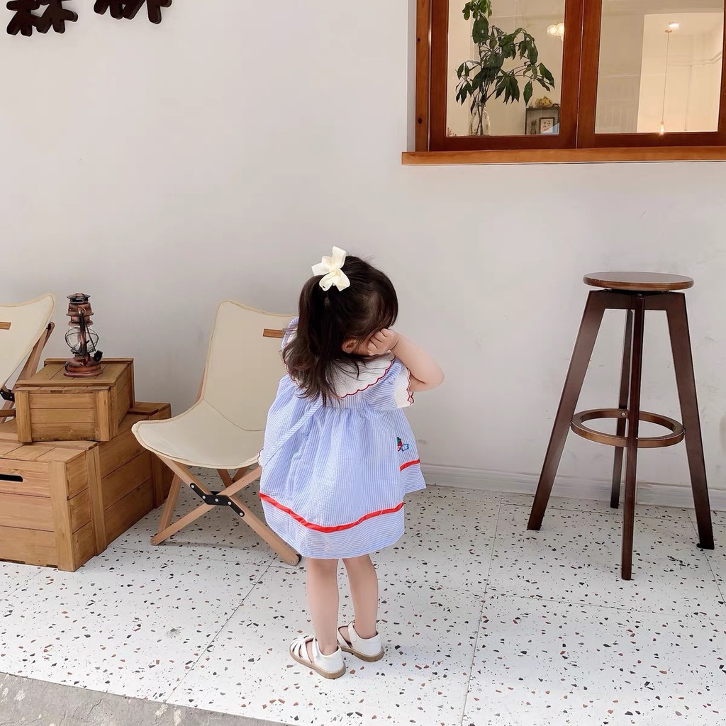 Set đầm dâu dâu tây kẻ sọc xanh + quần đùi bo chun cho bé gái từ 9-17kg [GS8]