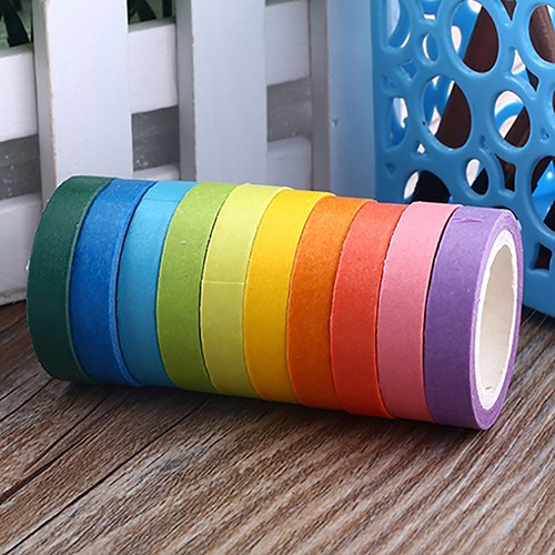 Bộ 10 Cuộn Băng Keo Giấy Washi Trang Trí ( 10 Màu Sắc Cầu Vòng)