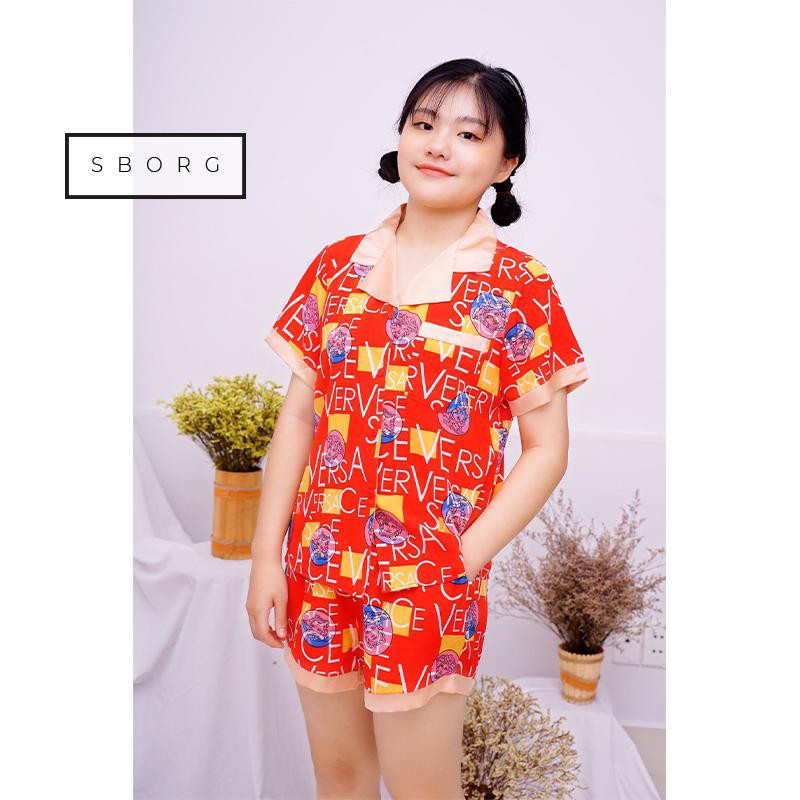 Đồ bộ mặc nhà SBORG bộ lụa hàn họa tiết sang trọng tay ngắn viền ren quần đùi có túi sâu 45-65kg quà tặng vợ