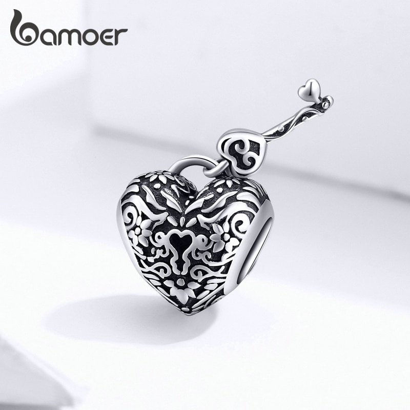 Hạt trang sức Bamoer bằng bạc 925 hình ổ khóa trái tim và chìa dùng làm trang sức vòng tay cho nữ