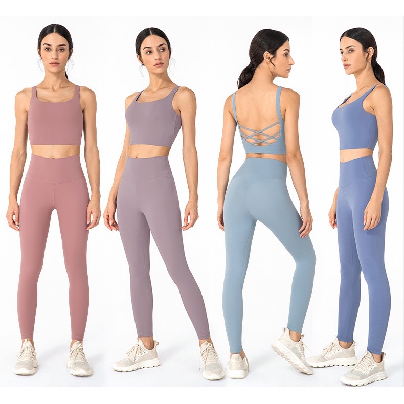 Set áo lót cổ chữ u đan dây lưng + quần legging thể thao lưng cao cho nữ