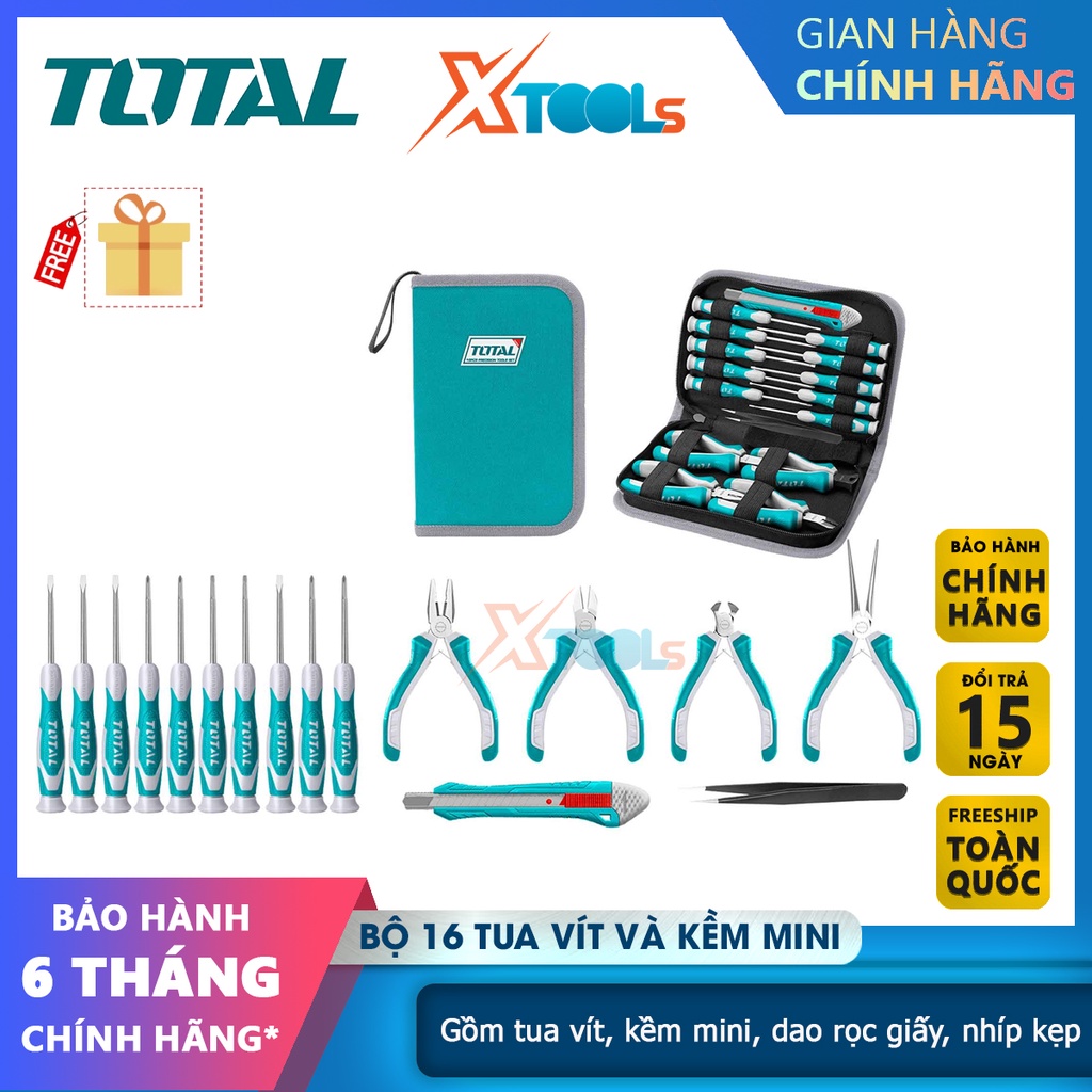 Bộ 16 tua vít và kìm chuẩn TOTAL TKTTSK0162, bộ dụng cụ gồm 10 tua vít, 4 kìm mini, 1 dao rọc giấy và 1 nhíp kẹp -XTOOLS