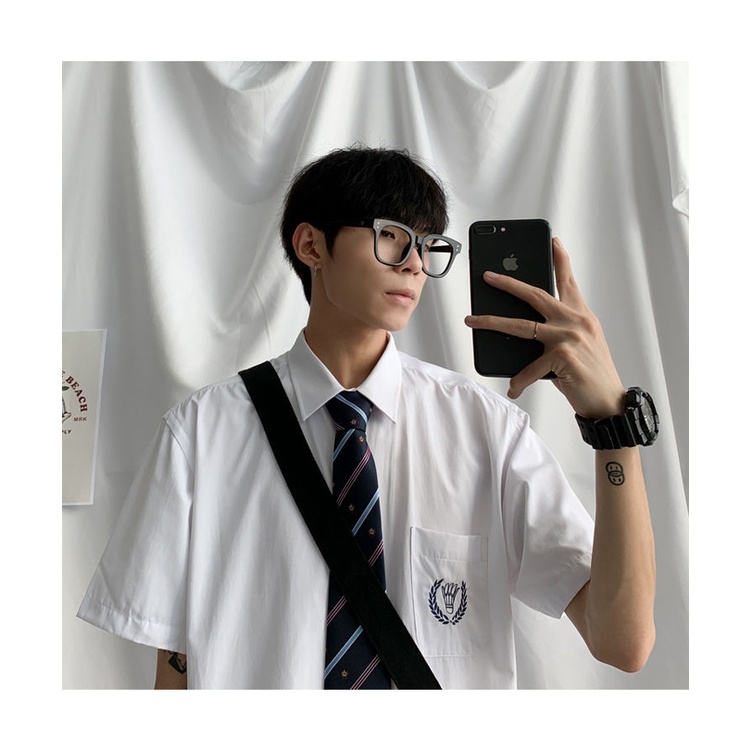 Áo Sơ Mi Trắng Dài Tay Phối Cà Vạt Thêu Họa Tiết Phong Cách Học Sinh