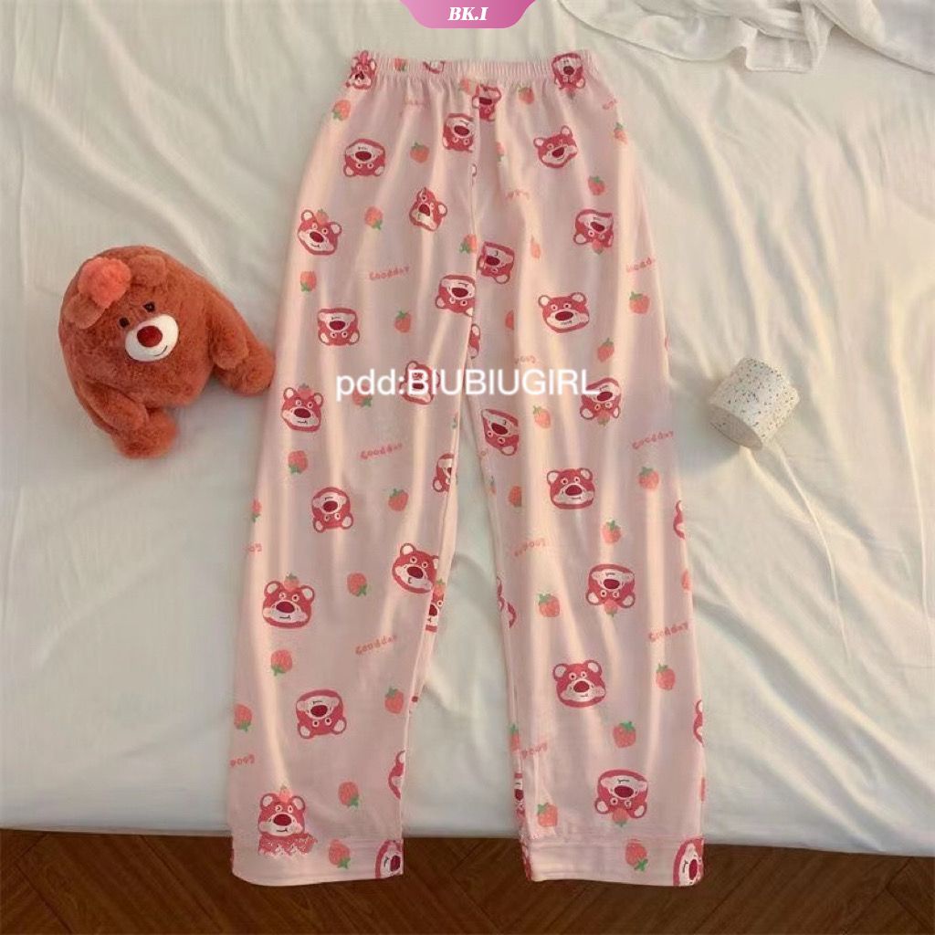 DISNEY Quần Ngủ Lưng Thun Ống Rộng In Họa Tiết Hoạt Hình Gấu / Dâu Tây Dễ Thương Thời Trang Mùa Đông Cho Nữ