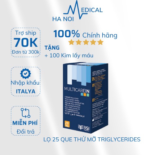 CHÍNH HÃNG - Lọ 25 que thử mỡ máu TRIGLYCERIDES MultiCare-In - MÁY ĐO ĐƯỜNG HUYẾT VÀ MỠ MÁU 3 TRONG 1