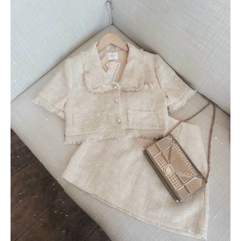 Set dạ tweed nude cúc ngọc sang chảnh, tôn dáng trendy kèm ảnh thật MS803