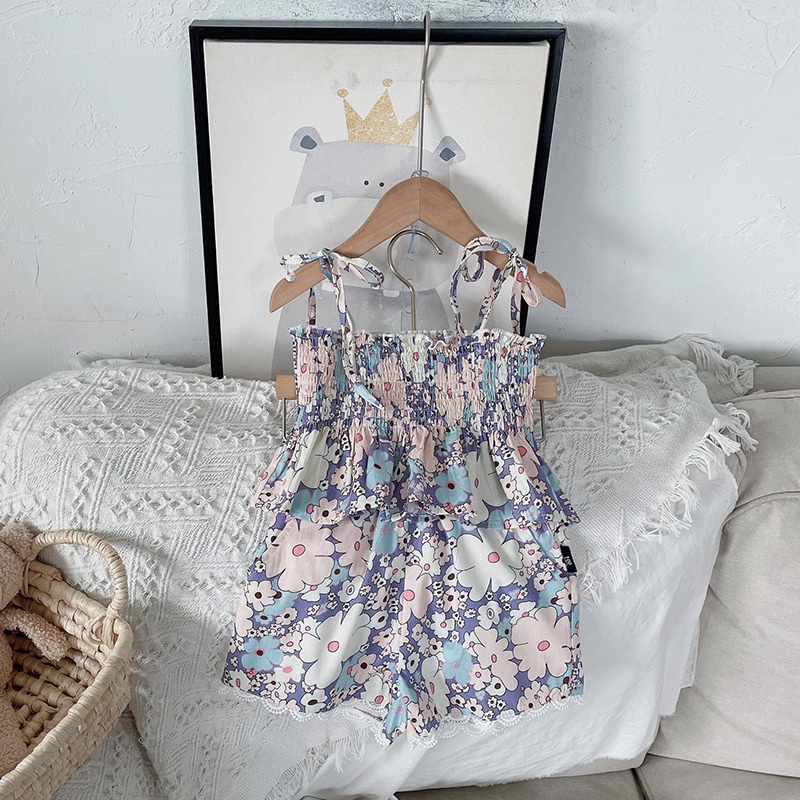 Bộ Áo Hai Dây In Hoa + Quần Short Phong Cách Phương Tây Thời Trang Mùa Hè Cho Bé Gái