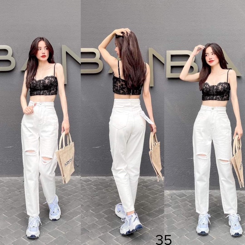 Quần Jean Baggy Nữ Màu Trắng Rách Gối Từ Tiqi Jean1988