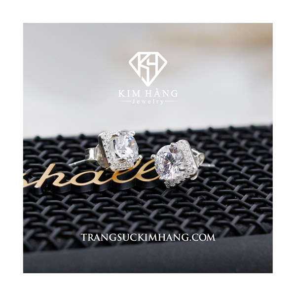 Khuyên Tai BẠC Nụ Đá Vuông Viền Tấm - Chốt Đẩy