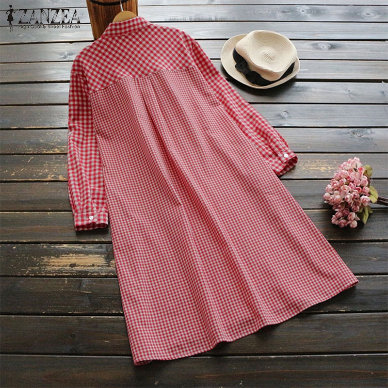 Đầm nữ ca rô ZANZEA dài tay cổ bẻ form dài rộng thời trang Hàn Quốc | BigBuy360 - bigbuy360.vn