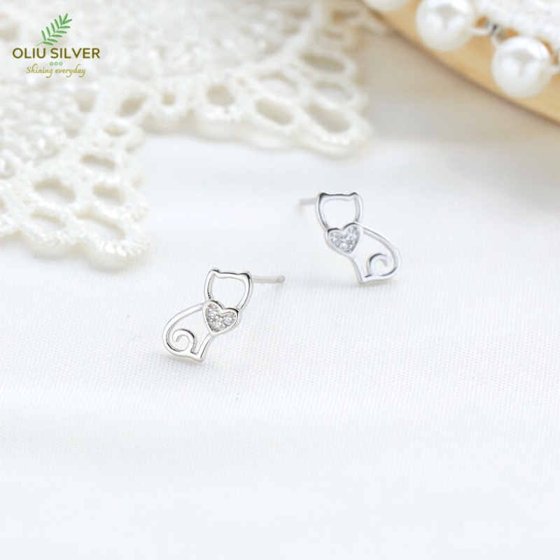 Bông Tai Bạc S925 Mèo Ôm Tim Dễ Thương | Khuyên Tai Nữ Trang Sức Bạc Thời Trang