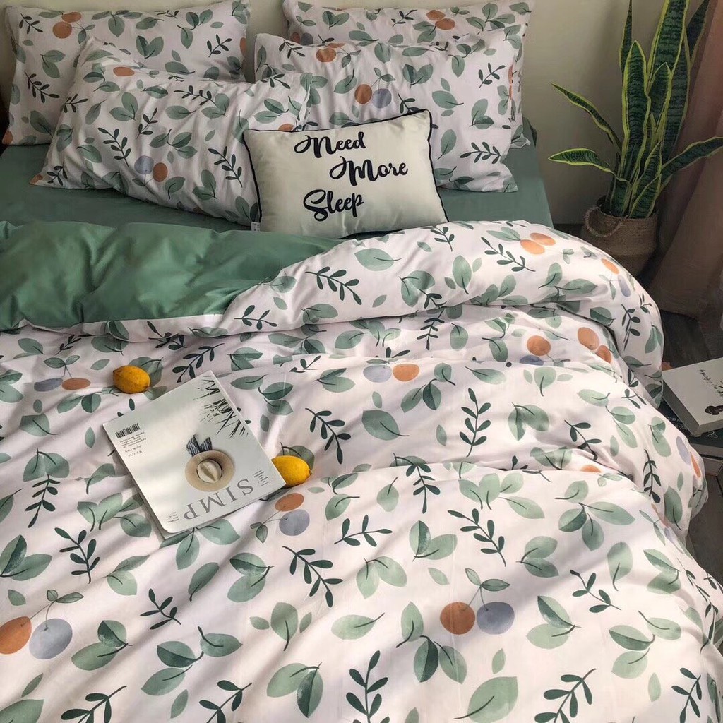 Bộ chăn ga gối Cotton poly M2T bedding Quả quất, vỏ chăn mền, drap giường và 2 vỏ gối