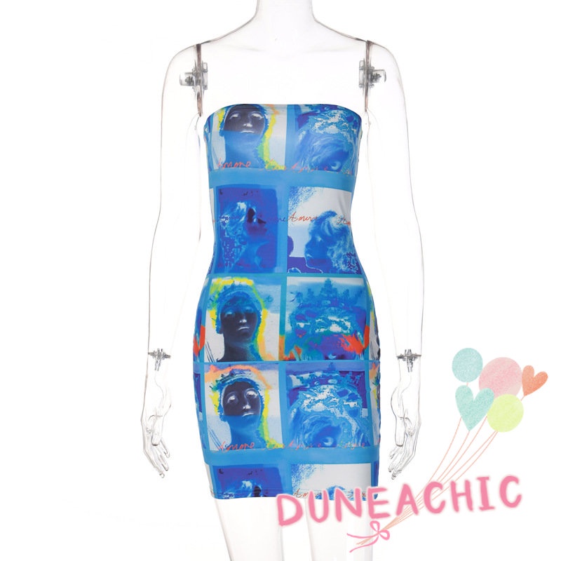 DUNEA Đầm Ôm Không Dây In Họa Tiết Gợi Cảm Cho Nữ