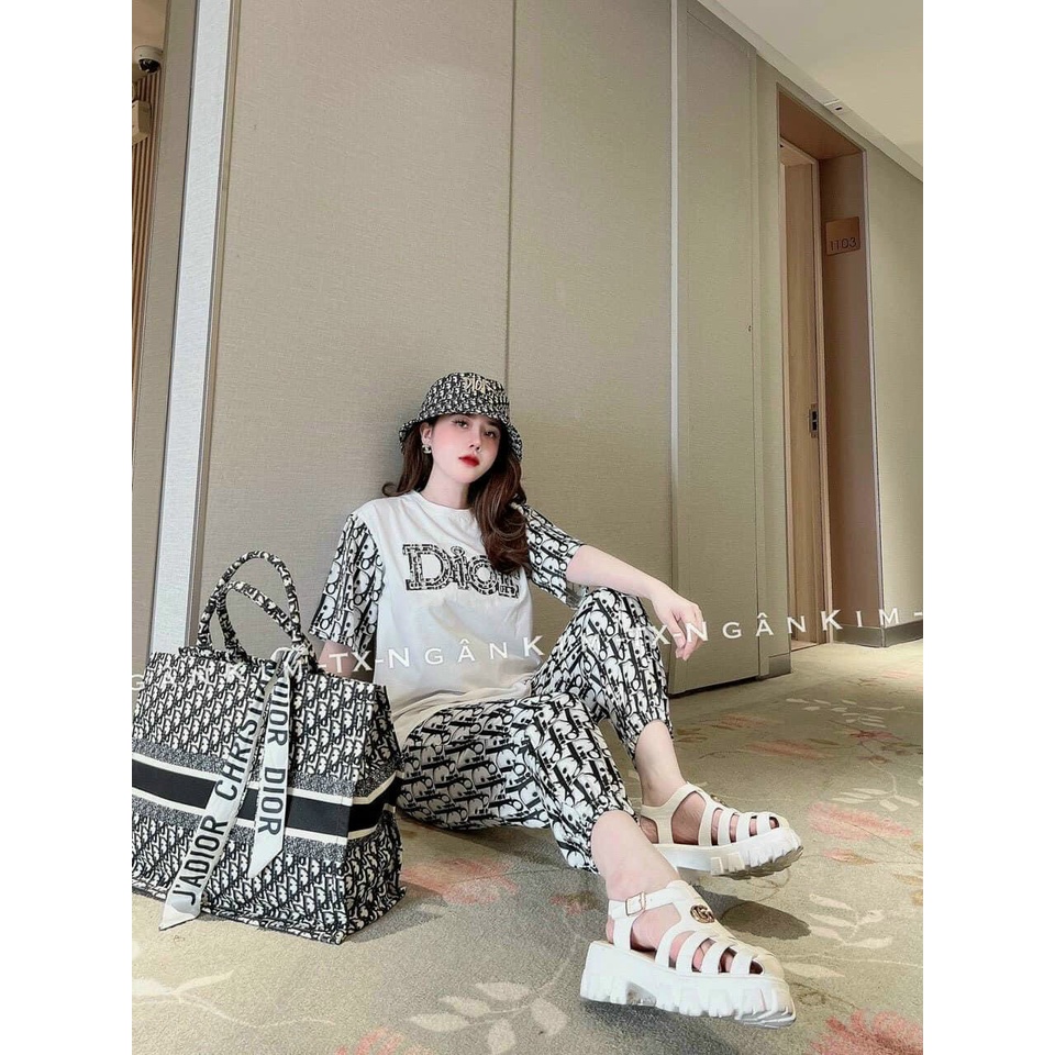 Set bộ thể thao nữ, áo thun from rộng in chữ  phối màu, quần joker dài ống túm in họa tiết cá tính