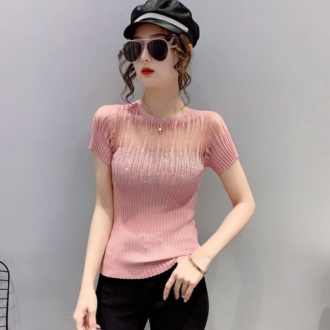 Áo lưới nữ áo thun tay ngắn nữ Đính Đá Thời Trang Mùa Hè