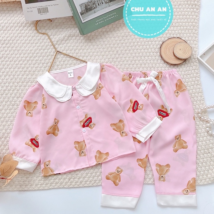 [ 15-28 KG ] Bộ Đồ Ngủ Pijama Bé Gái - Set Quần Áo Trẻ Em Mặc Nhà Lụa Cao Cấp Nhiều Màu Dài Tay Họa Tiết Dễ Thương