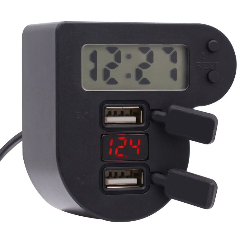 Bộ Sạc USB Kép 12V 24V Chống Nước Có Đồng Hồ LED Hiển Thị Thời Gian Cho Điện Thoại Di Động