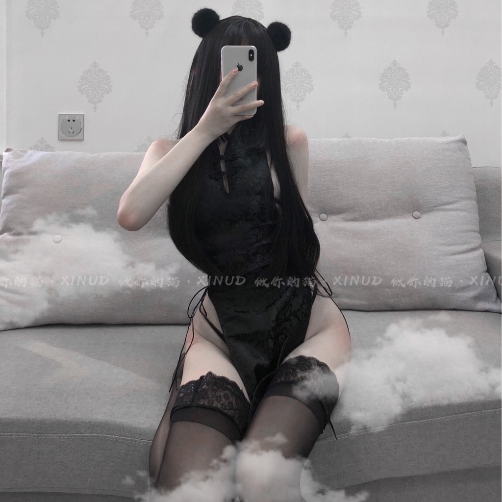 Đồ ngủ sexy cosplay cổ trang Trung Hoa sườn xám hai màu đen trắng gợi cảm 15 | BigBuy360 - bigbuy360.vn