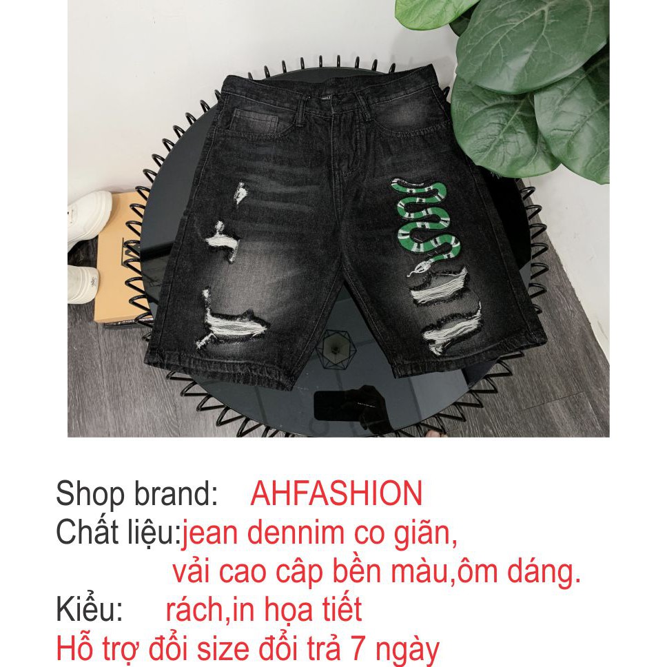 Quần short jean nam đen rách thêu rắn chất bò vải dày cao cấp AHFASHION