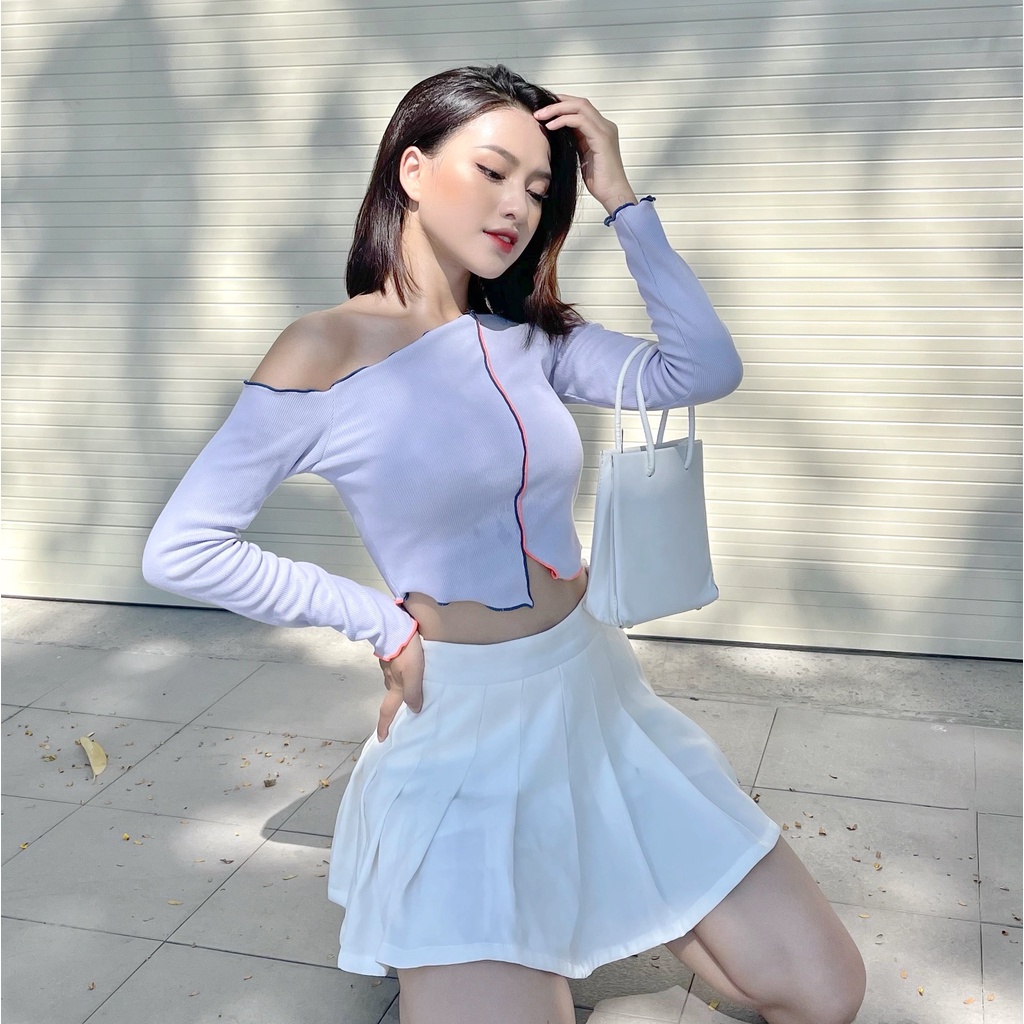 Áo croptop nữ dài tay body TOPTIFY lệch vai viền màu Tia Top A199