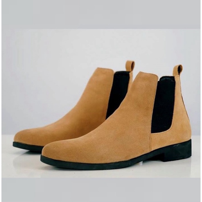 Giày thời trang nam cao cổ Chelsea boots da lộn màu nâu đế tăng chiều cao 3.5cm