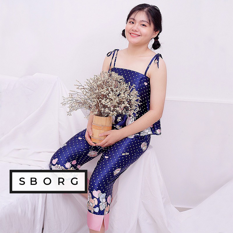 Đồ bộ lụa SBORG đồ ngủ 2 dây mặc nhà quần lửng in kitty cute có túi freesize dưới 58kg quà tặng vợ trendy