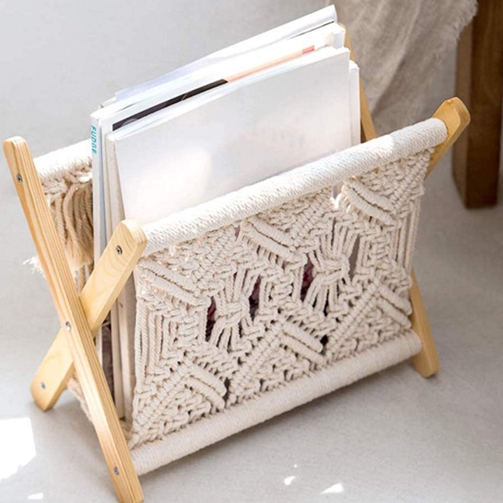 Cadiz* Storage Rack Nice-looking Elegant Decorative Foldable Wooden Cotton Rope Book Shelf Rack for Household