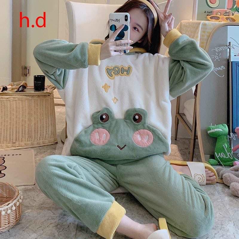 Bộ Ngủ Lông Mặt Gấu Dài Tay Dáng Rộng ,đồ ngủ tai gấu có mũ ,họa tiết xinh xắn ,chất dày ấm áp phù hợp cho mùa đông này