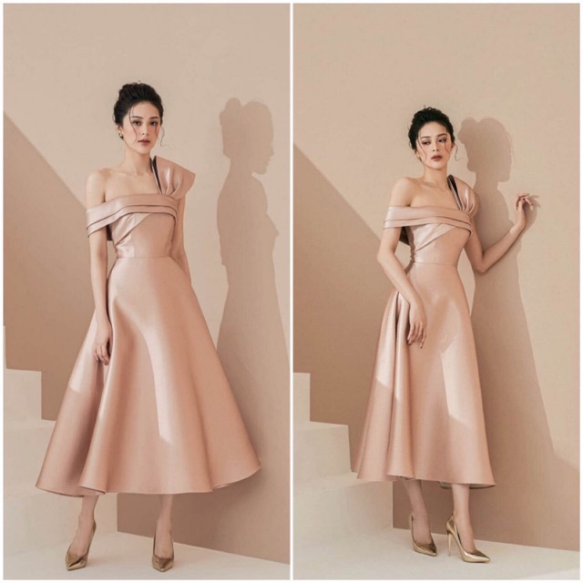 Đầm dự tiệc cao cấp lệch vai tafta nhũ