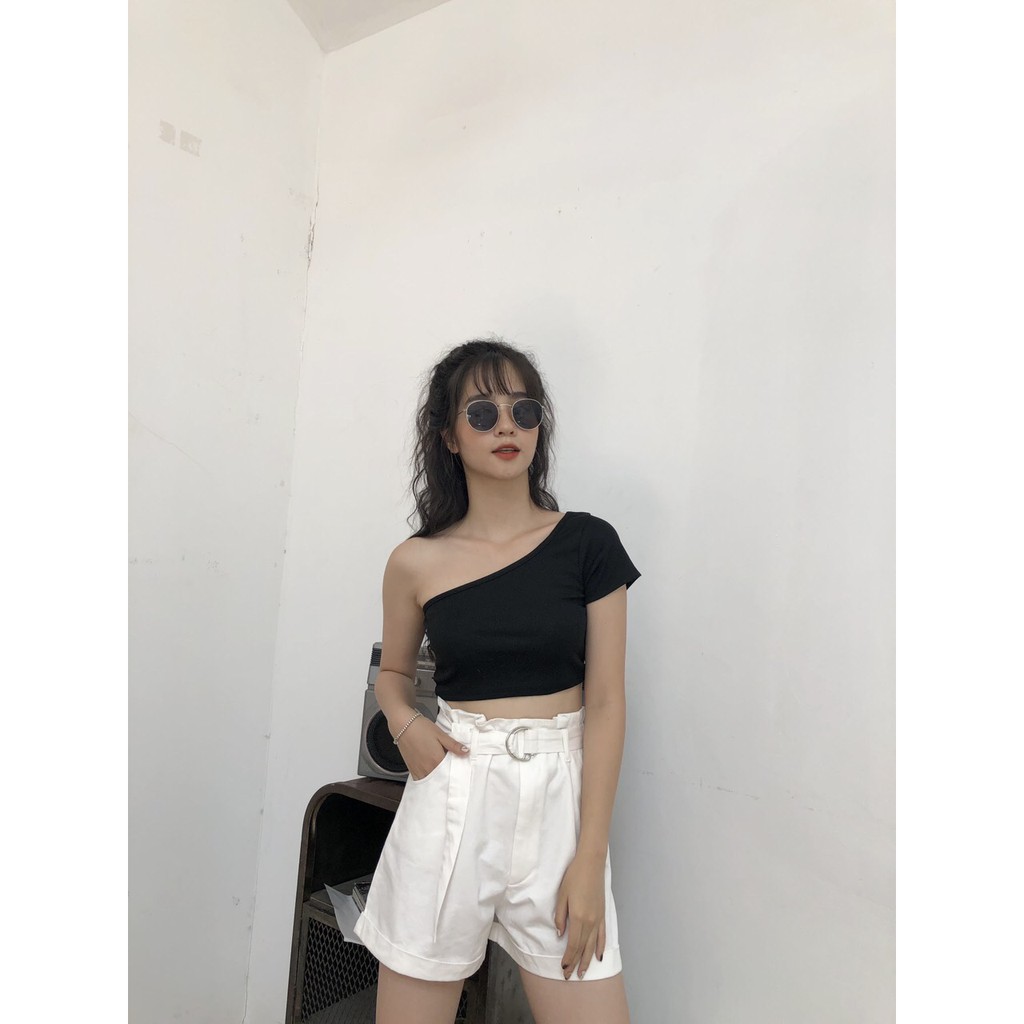 ÁO LỆCH VAI CROPTOP BODY LEN TĂM 5 MÀU HOT - ÁO HỞ VAI TÍM ĐEN TRẮNG XANH NÂU BASIC