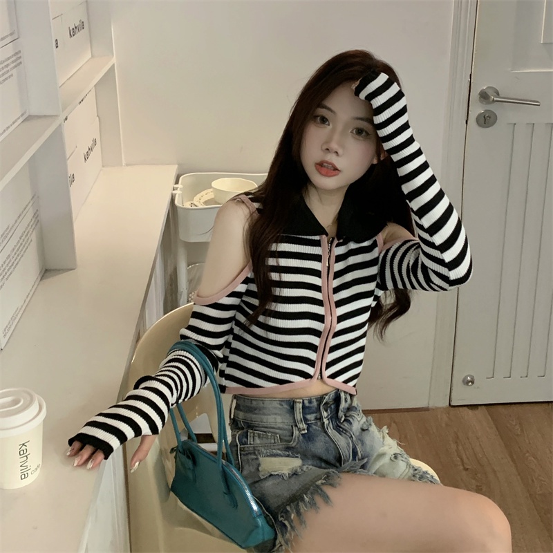 SUXI Áo Dệt Kim Tay Dài Trễ Vai Cổ Bẻ Hoạ Tiết Kẻ Sọc Phong Cách Vintage