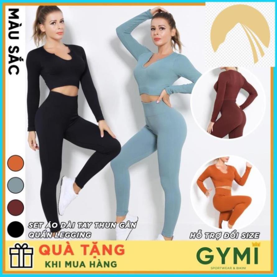 🐨🐖 Set bộ đồ tập gym yoga nữ GYMI SET 23 gồm áo croptop dài tay và quần legging thể thao chất dệt thun gân 🐨🐖 * ,
