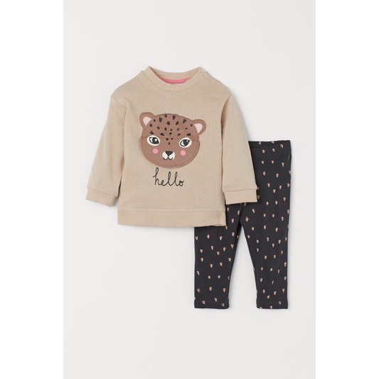 Set bộ bé gái dài tay áo nỉ da cá mềm ấm, quần thun cotton, hoạ tiết mèo xinh săn sale Uk sz 12-18m
