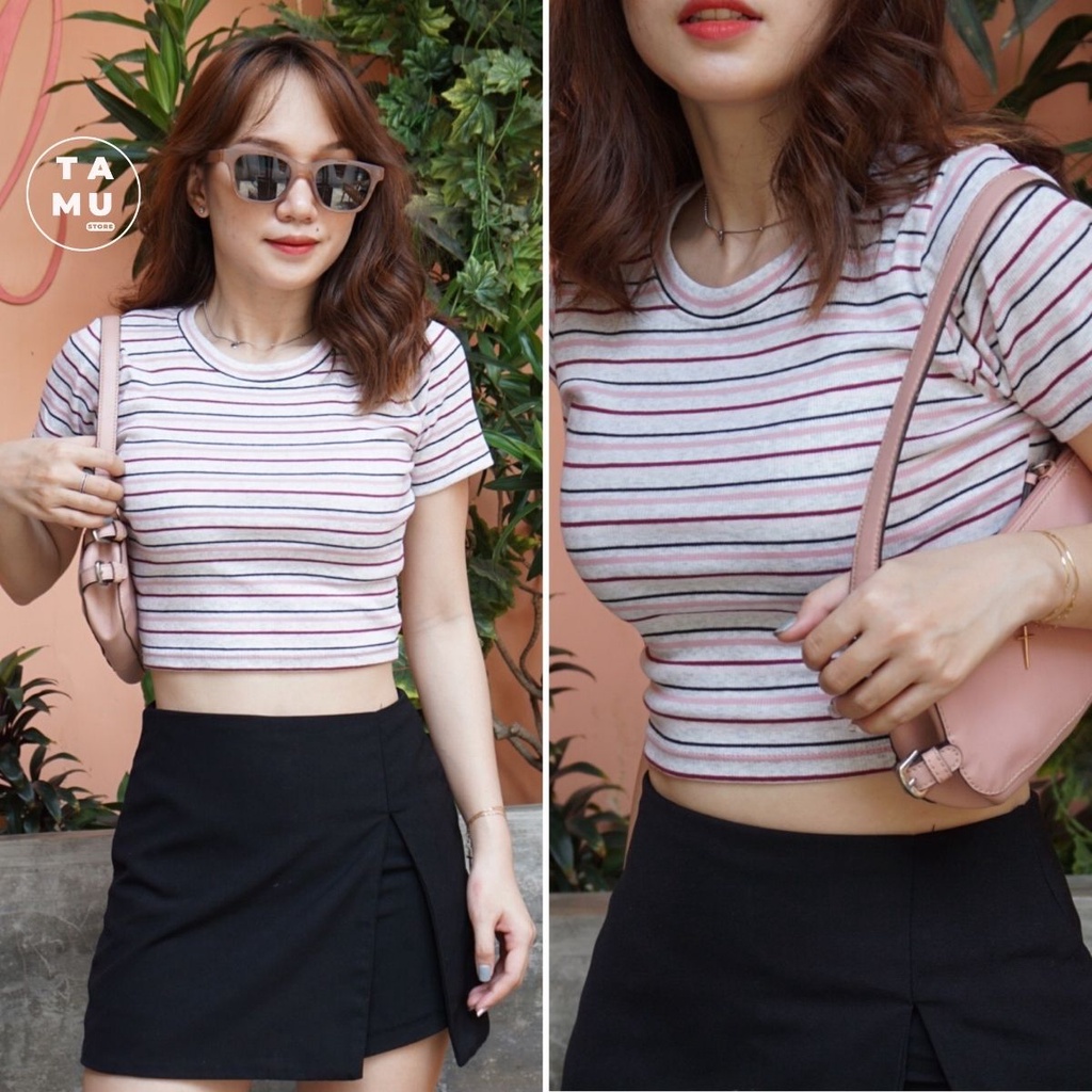 Áo croptop ôm tay ngắn kiểu dáng basic chất vải dày dặn đen trắng cá tính sexy