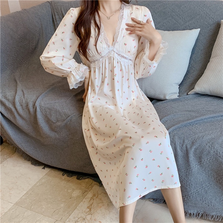 Đầm Ngủ Tay Dài Cổ Chữ V In Hoa Có Miếng Lót Ngực Thời Trang Mùa Xuân Mới Cho Nữ