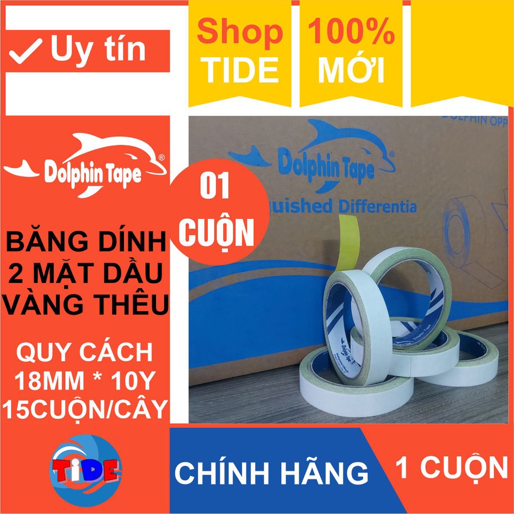 (1 cuộn) Băng dính 2 mặt dầu vàng thêu bản rộng 18mm – Dùng trong công tác VPP, dán hồ sơ, bao thư, bưu thiếp, hộp quà..