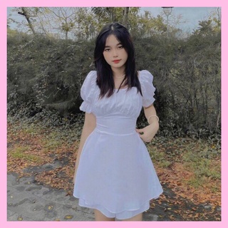 Váy BaByDoll Tay Ngắn Bo Chun Nữ  - Đầm Vintage Dáng Xòe Ôm Eo Màu Trắng Cute - HANHAN ShOP