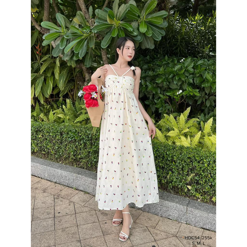 Đầm maxi kate thêu hoa 2 dây đan viền ngực form rộng CHIBEST HDC54