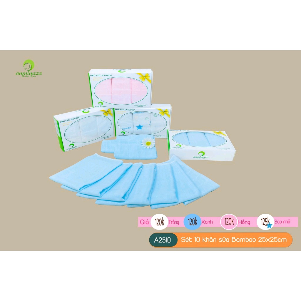 Khăn sữa sợi tre cao cấp Anminaza kháng khuẩn, khử mùi, siêu thấm hút, mềm mịn 2 lớp (hộp 10 khăn, 25x25cm)