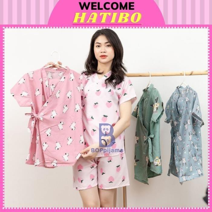 Đồ Bộ mặc nhà nữ Pijama Kimono áo cộc tay, quần đùi. pizama mặc ngủ mùa hè mát, buộc nơ cực xinh – HATIBO 04  ཾ