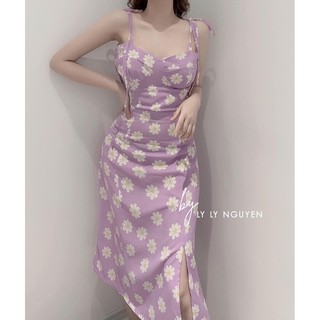 [SALE 50% XẢ KHO] Đầm maxi tím 2s hoa dài xẻ đùi cột nơ Daniel Dress