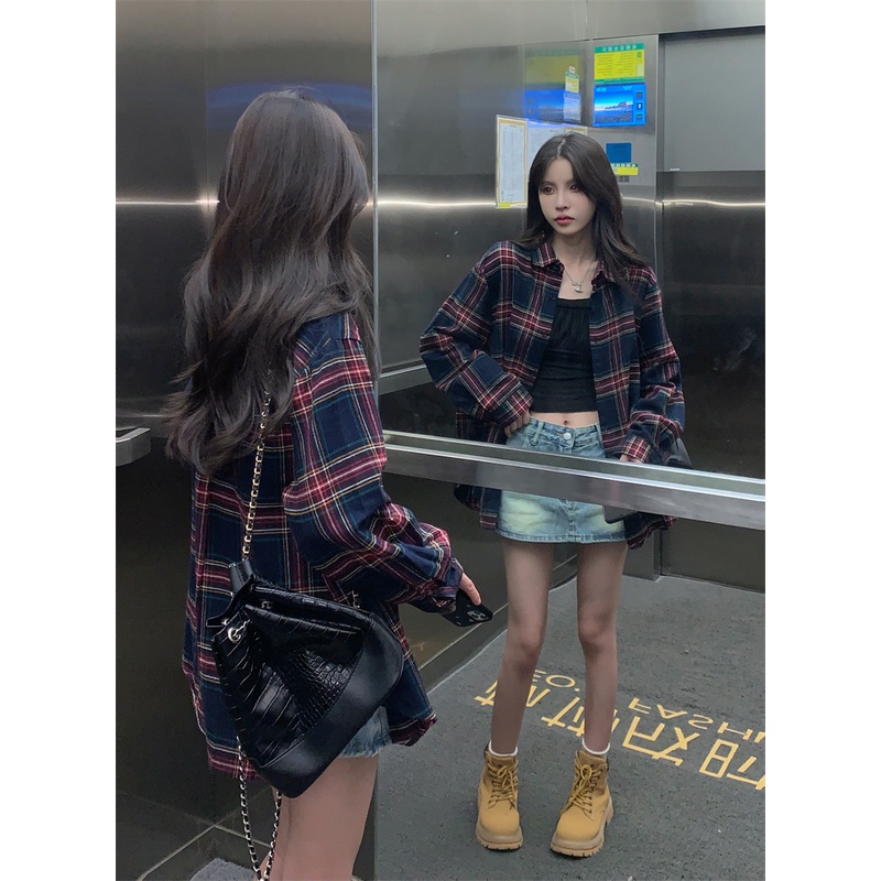 Áo sơ mi ZHELIHANGFEI tay dài dáng rộng họa tiết kẻ sọc phong cách học đường Mỹ thời trang dễ phối đồ