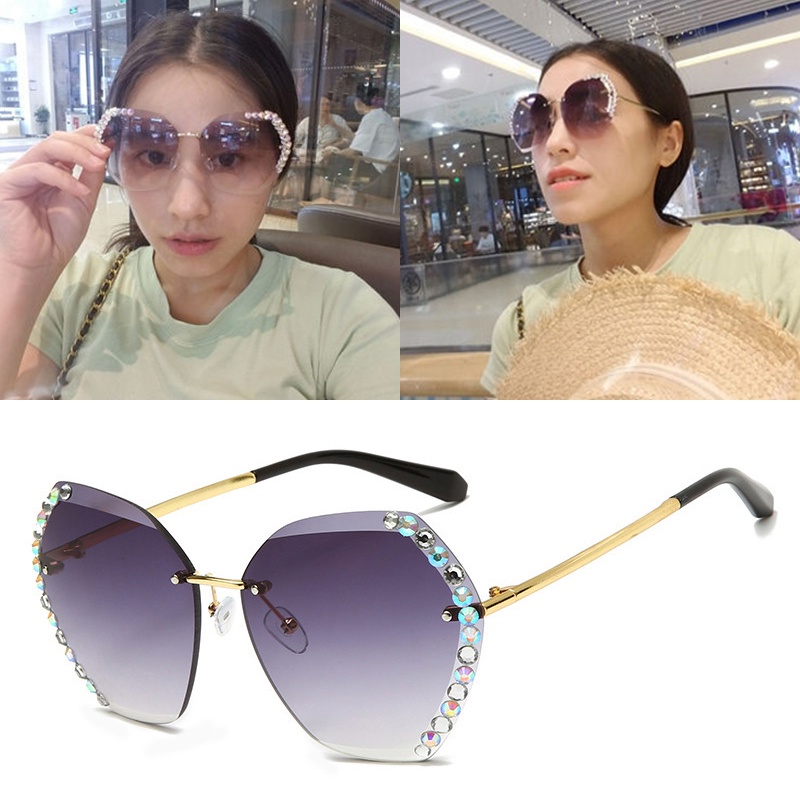 Alicimore Kính Mát Kim Loại Không Viền Cắt Không Viền Đính Kim Cương Trang Trí Cá Tính