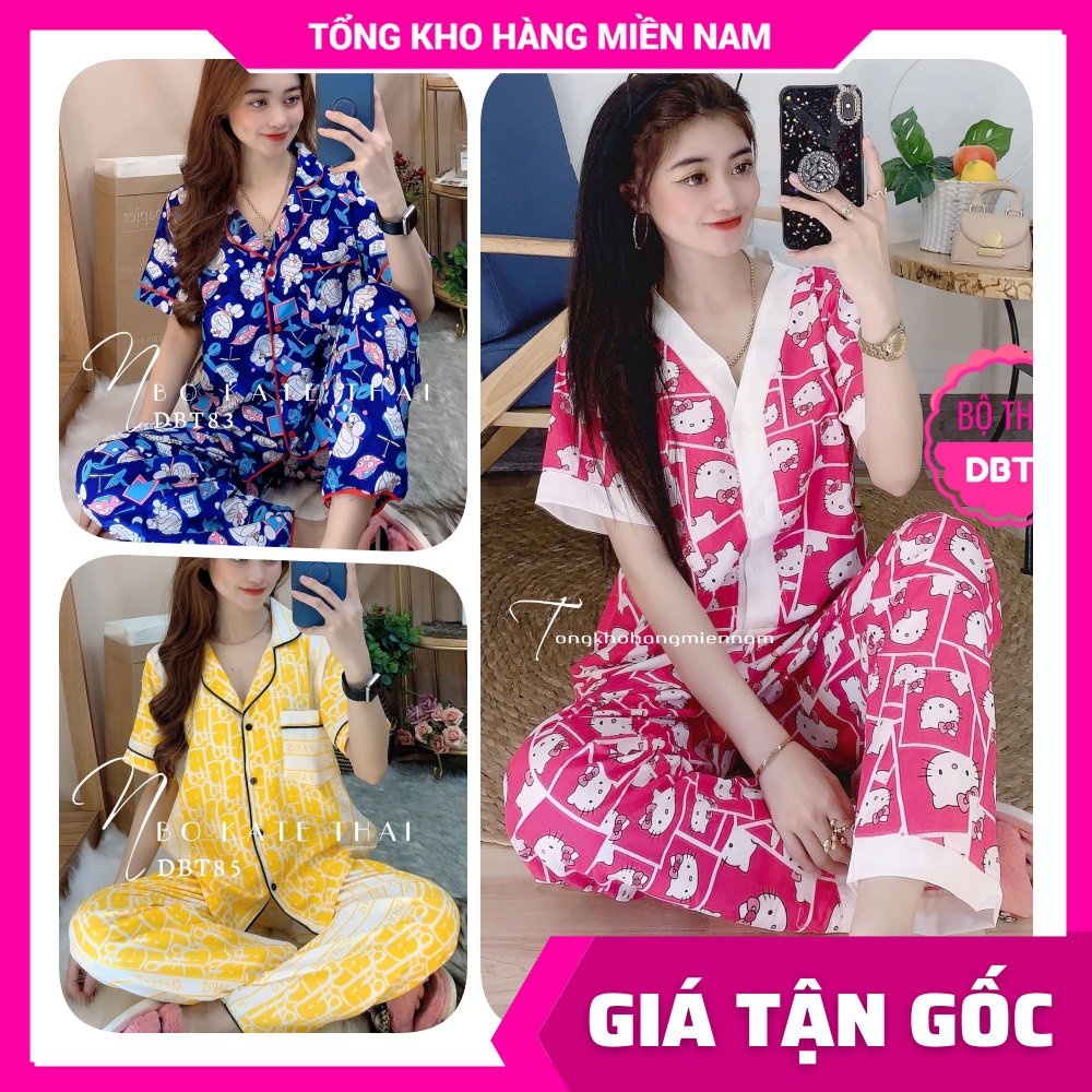 Bộ kate mềm mịn mát cho nữ mặc nhà in hình doremon kitty hoạt hình dễ thương DBKQDTN